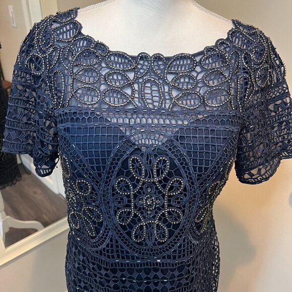Aidan Mattox Navy Short Lace Beaded Sheath Cocktail Dress, Size 12 - Picture 5 of 16